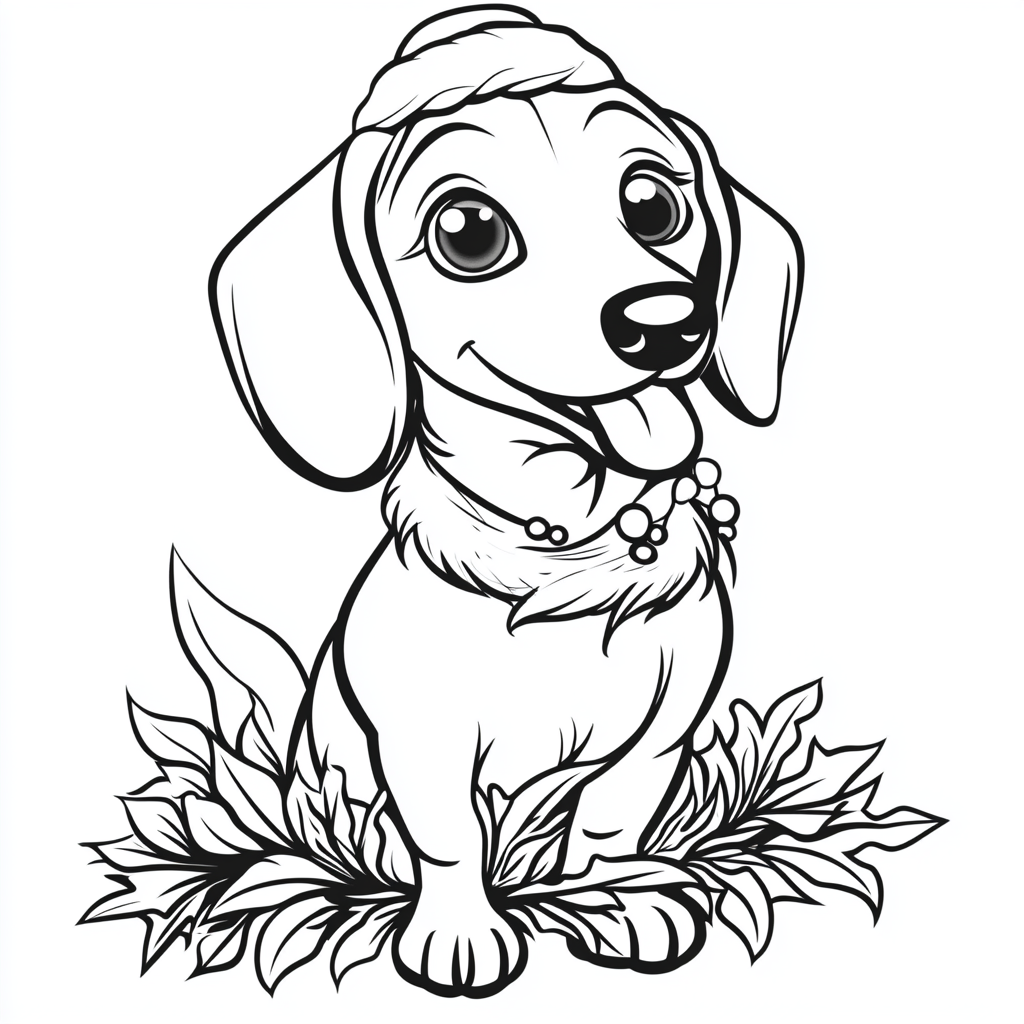 Black and white cartoon dachshund under mistletoe drawing.