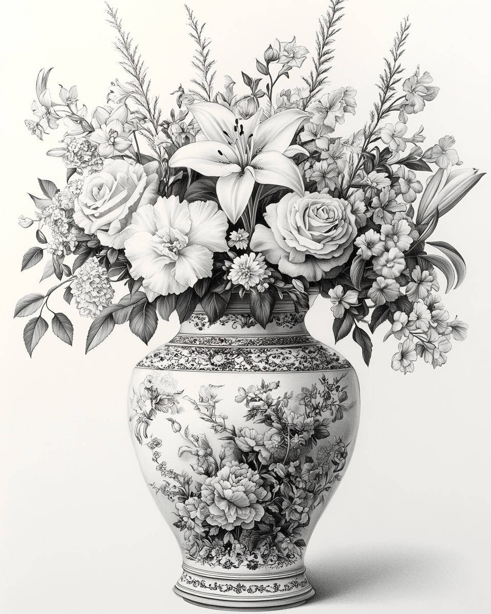 Black and white coloring page of flower arrangement