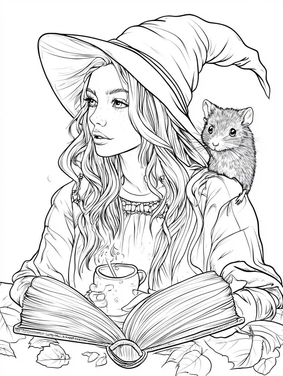 Black and white coloring page of teenage witch reading.