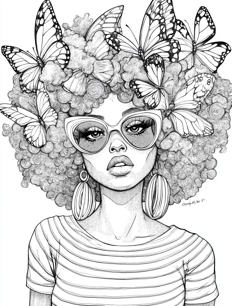 Black and white coloring page of woman with afro.