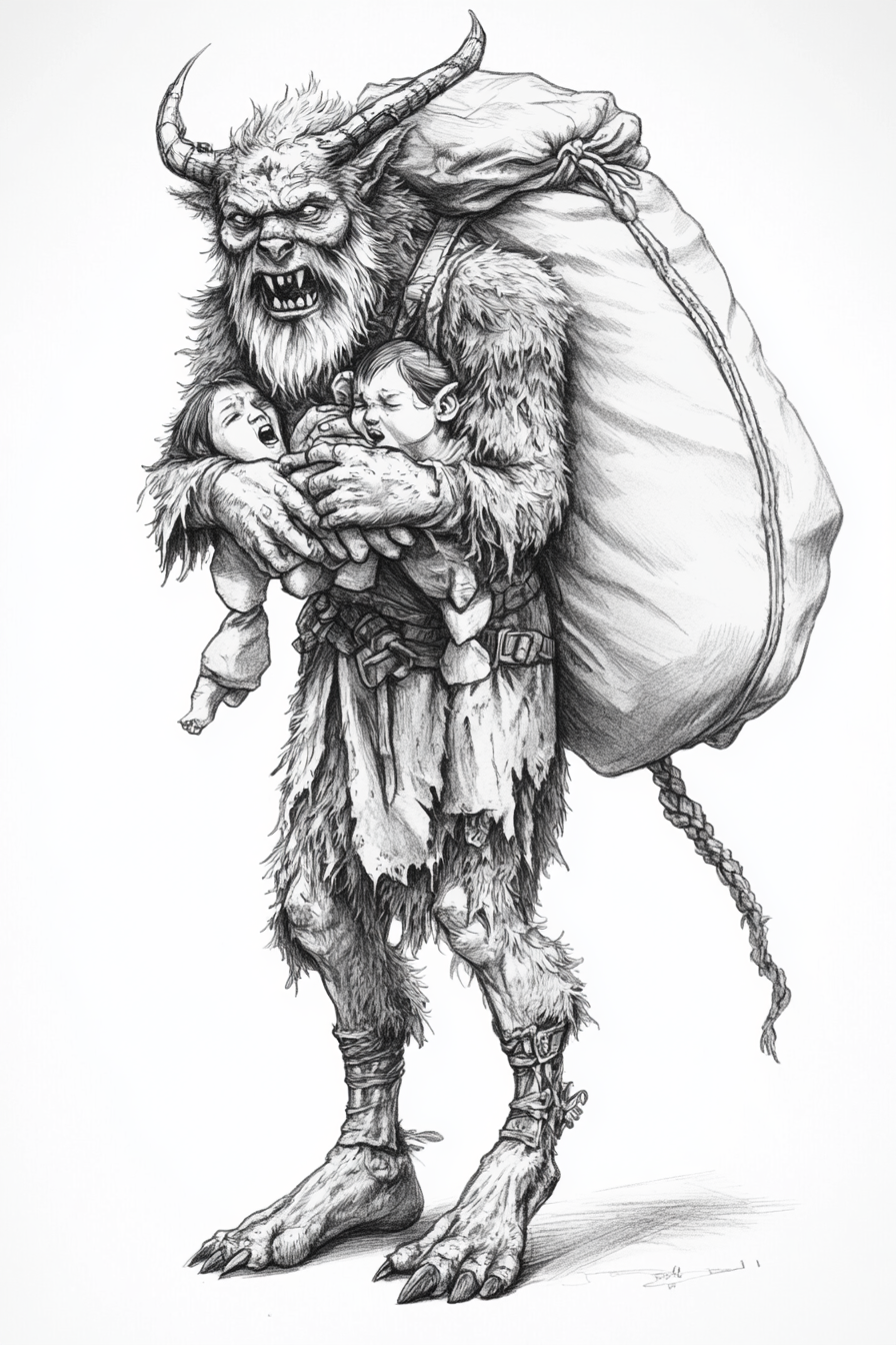 Black and white concept art of Krampus carrying children.