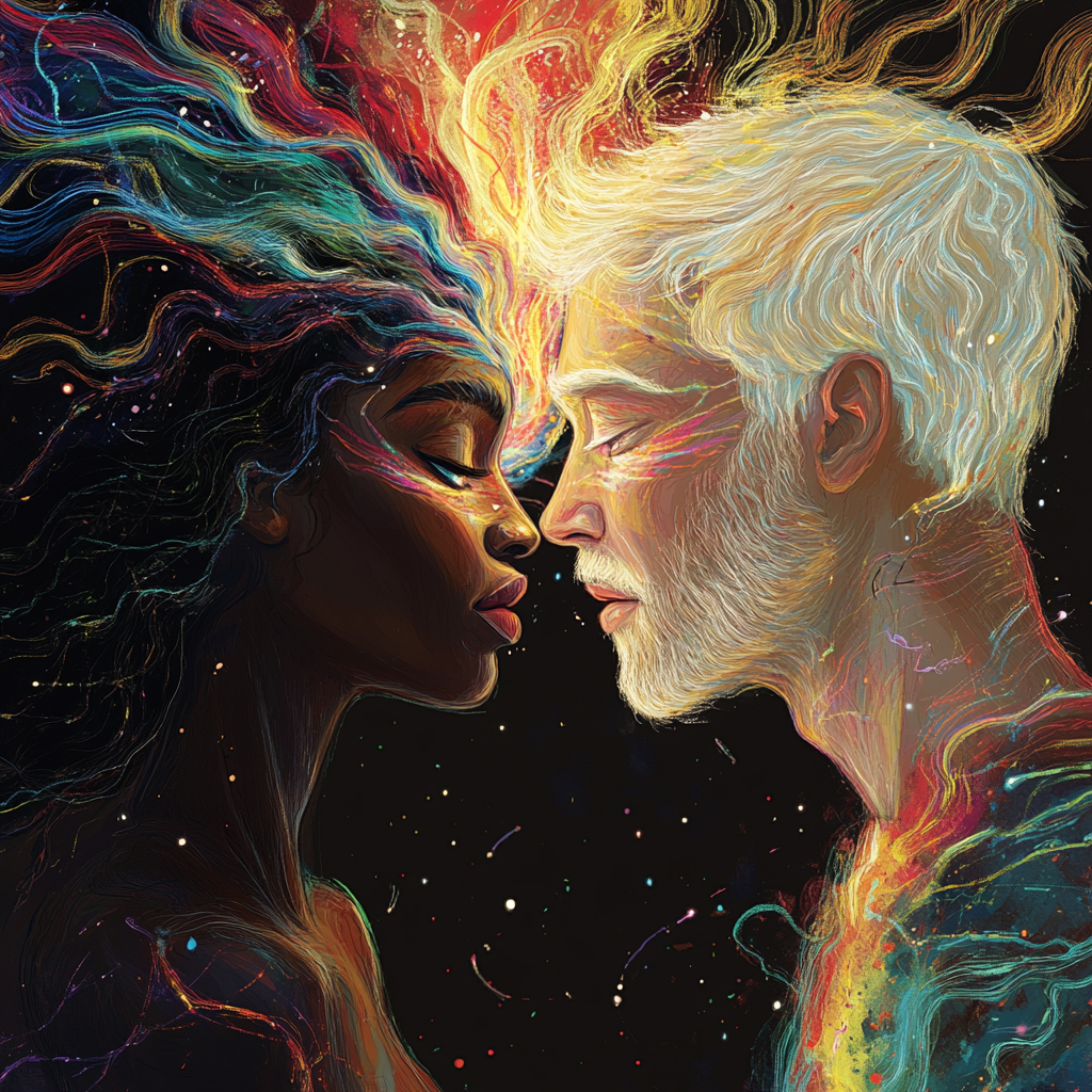 Black and white couple sharing telepathy with energy waves. 