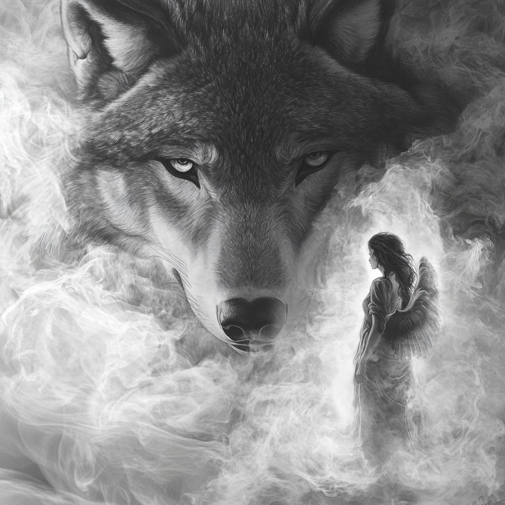 Black and white drawing, wolf and angel in smoke.