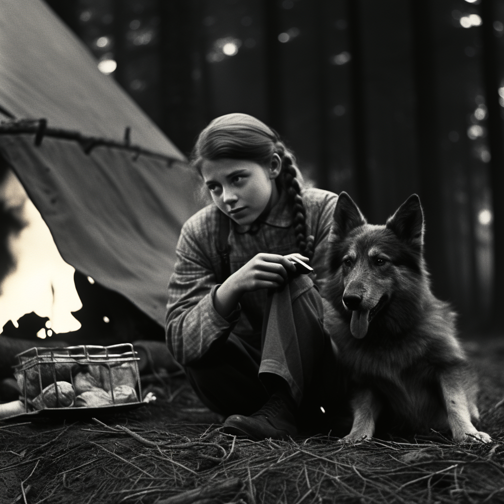 Black and white film still of forest at night.