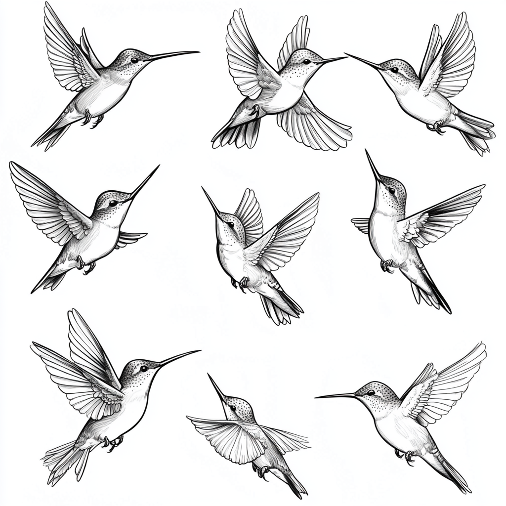 Black and white flying hummingbirds for tattoo design