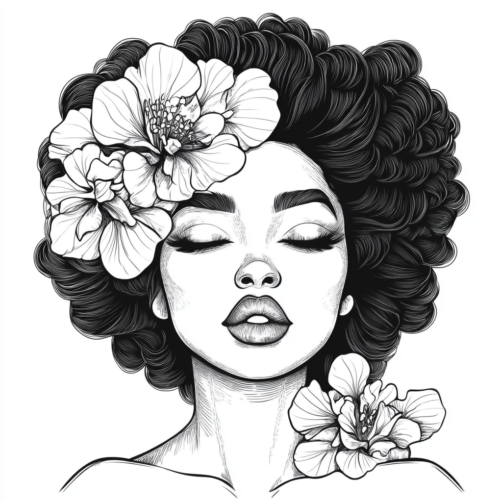 Black and white image of stylish woman with flowers.