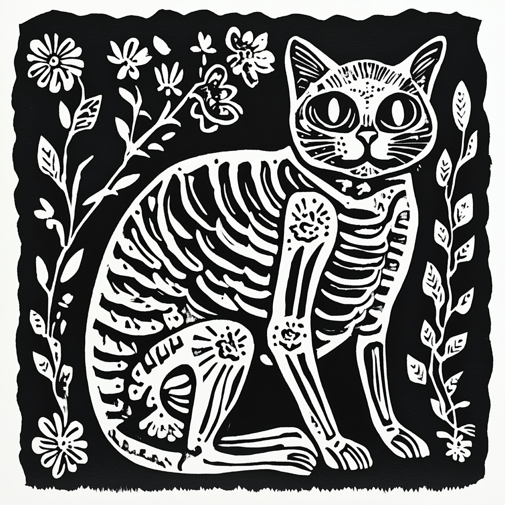 Black and white lino print of skeleton cat.