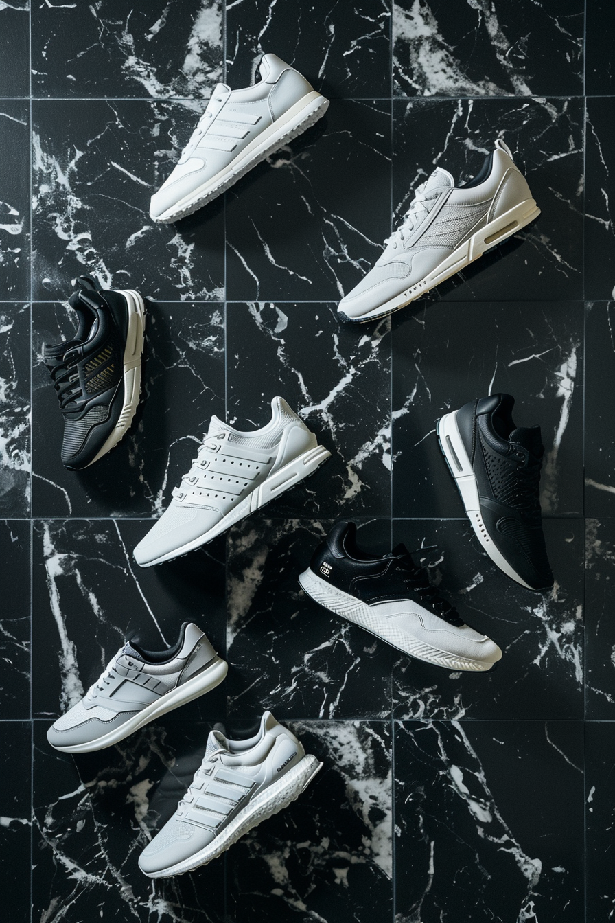 Black and white luxury athletic shoes display design studio.