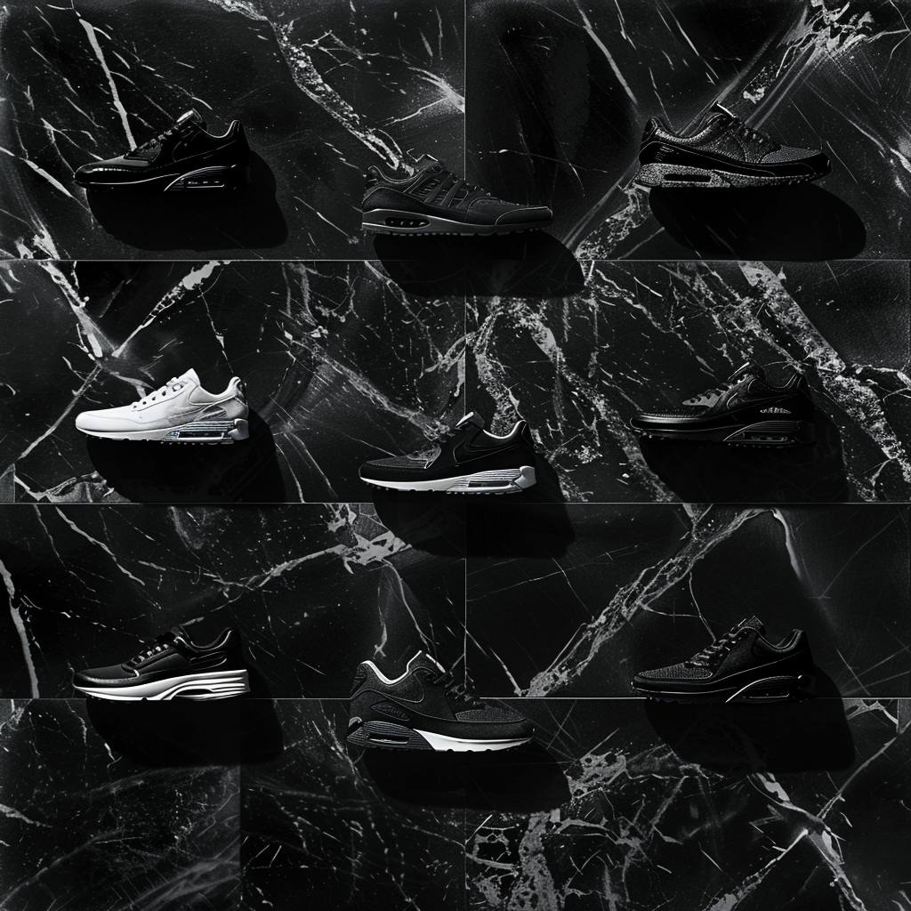 Black and white luxury athletic shoes on marble wall.