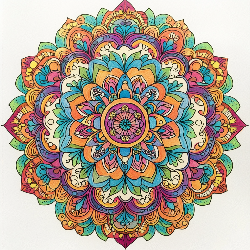 Black and white mandala now vibrant and colorful.