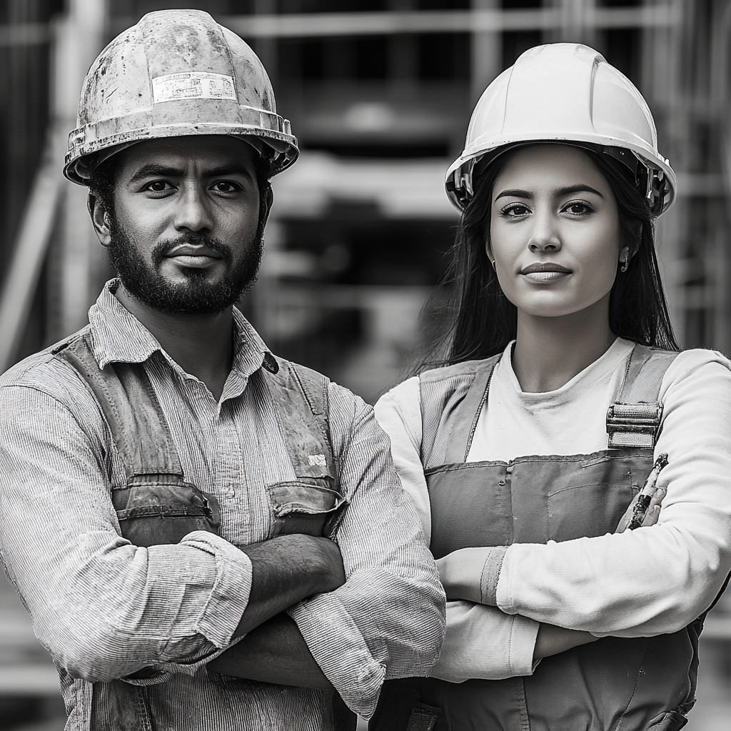 Black and white photo of multicultural construction team.