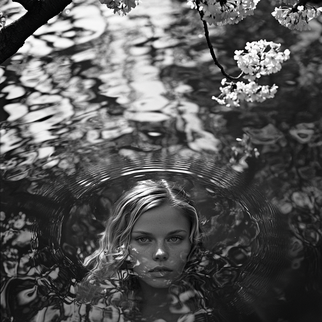 Black and white photo of pond with girl reflection