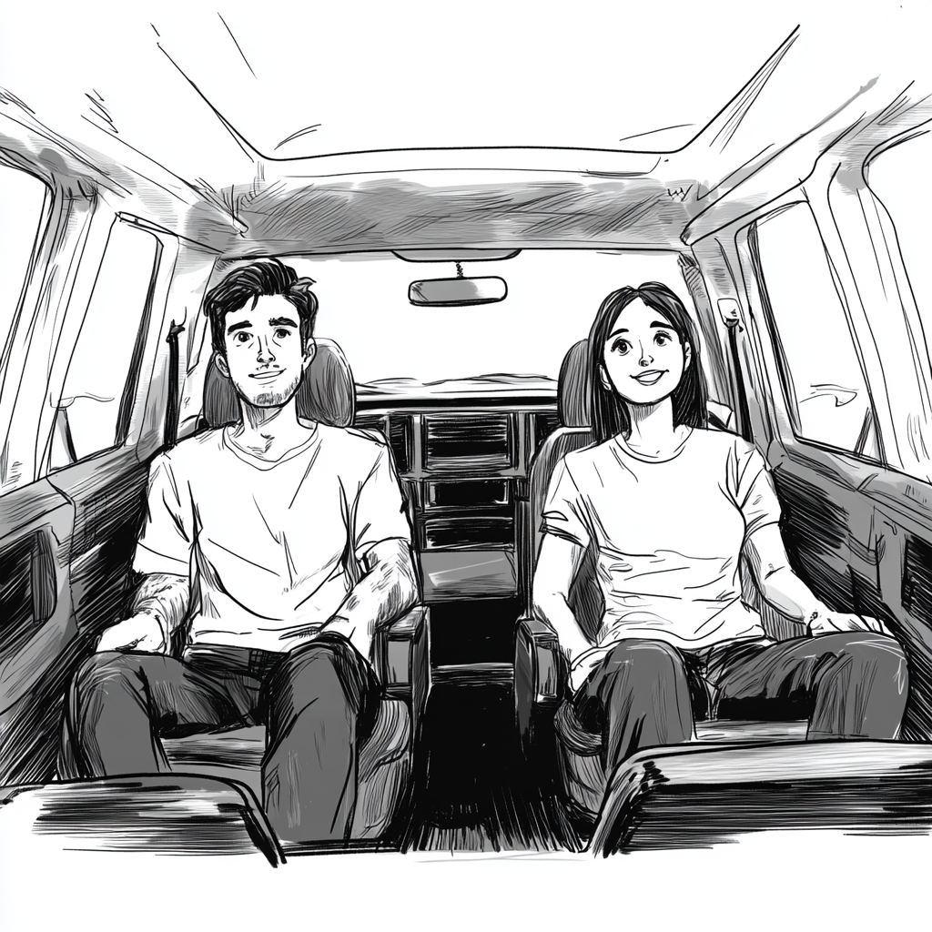 Black and white storyboard sketch of man and woman.