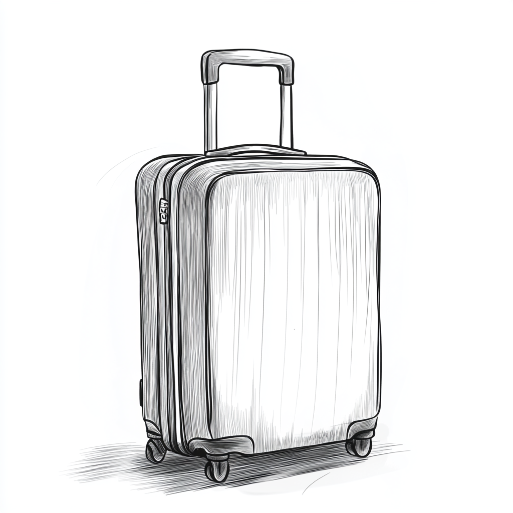 Black and white storyboard sketch of modern suitcase.