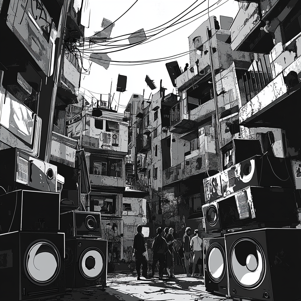 Black-and-white vectorized graffiti-style realization of queried houses with people and bass speakers