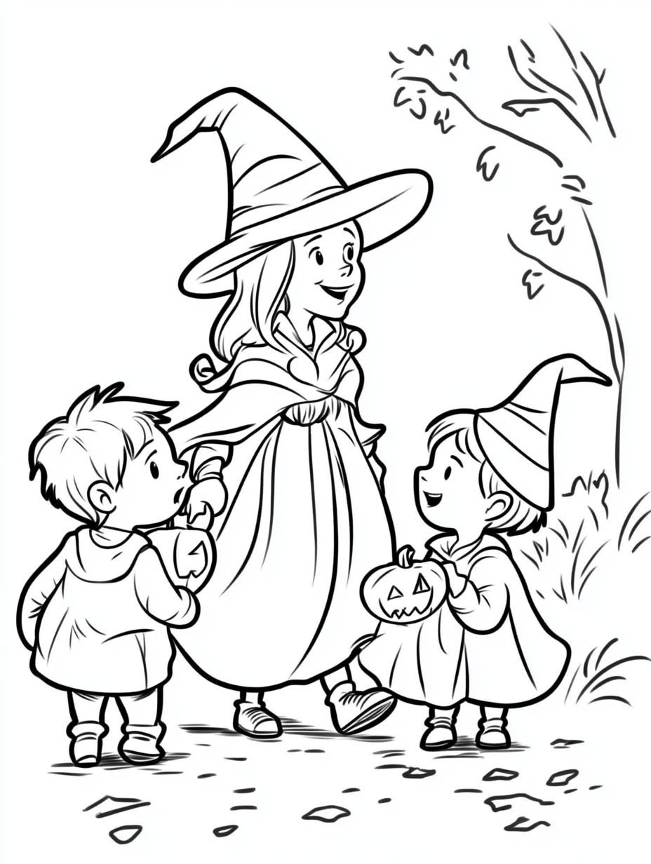 Black and white witch and children coloring page.