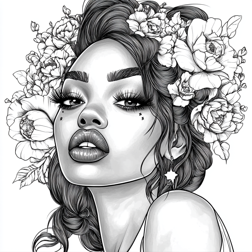 Black beautiful woman with makeup and flowers in hair.