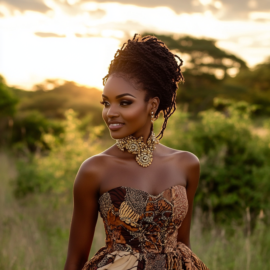 Black bride in Botswana wears brown printed dress.