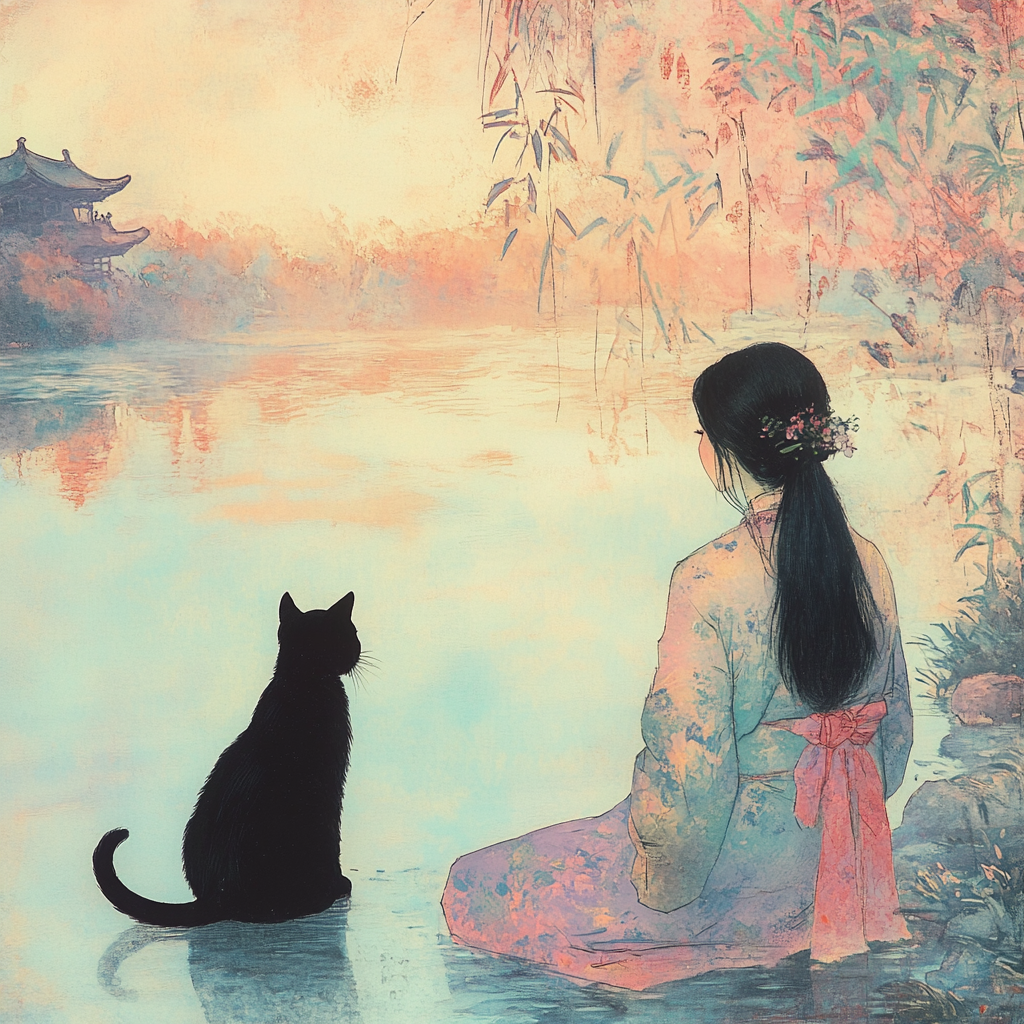 Black cat and woman in colorful hanfu by water.