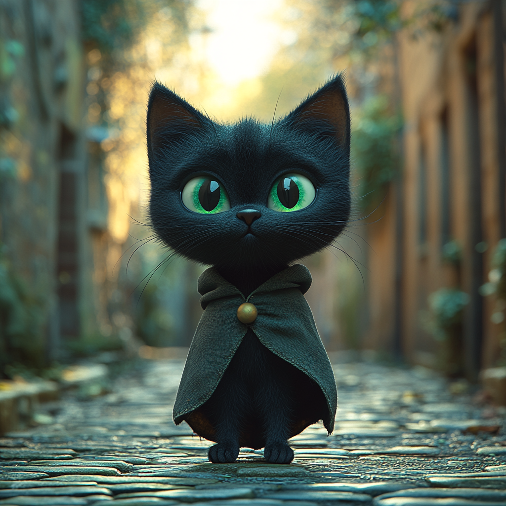 Black cat cloak moonlit alley 3D cartoon Pixar