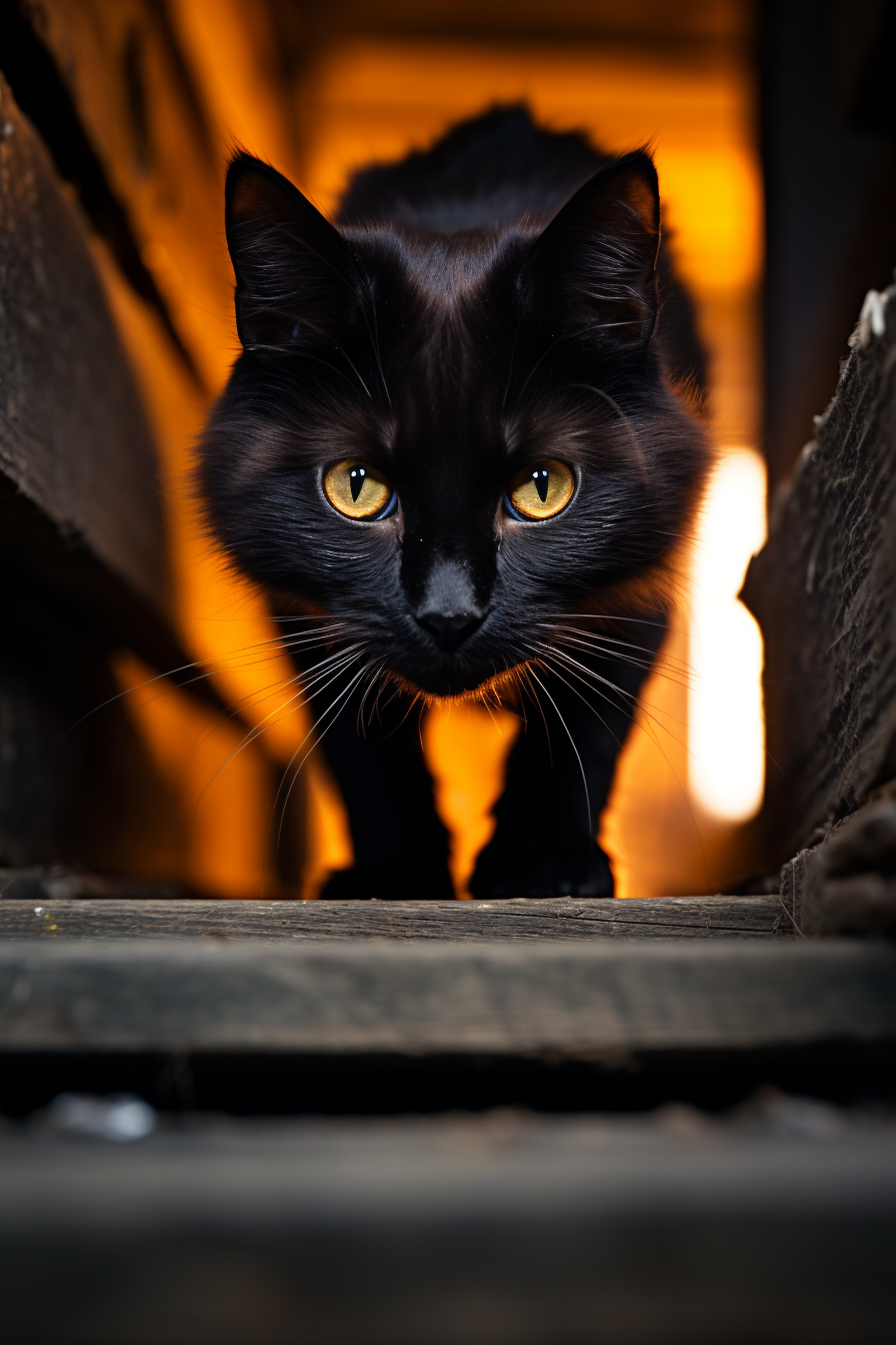 Black cat crawls down stairs with dramatic lighting.