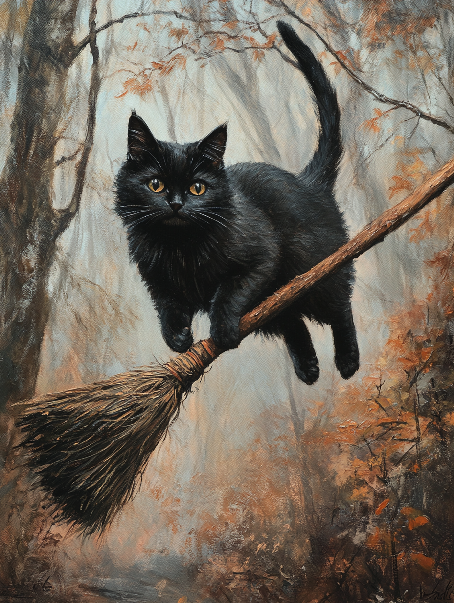 Black cat flying on broomstick in vintage painting style.