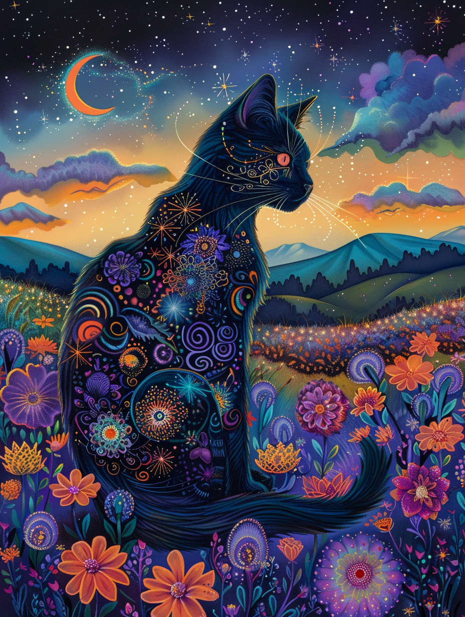 Black cat in cosmic field with glowing flowers, stars.