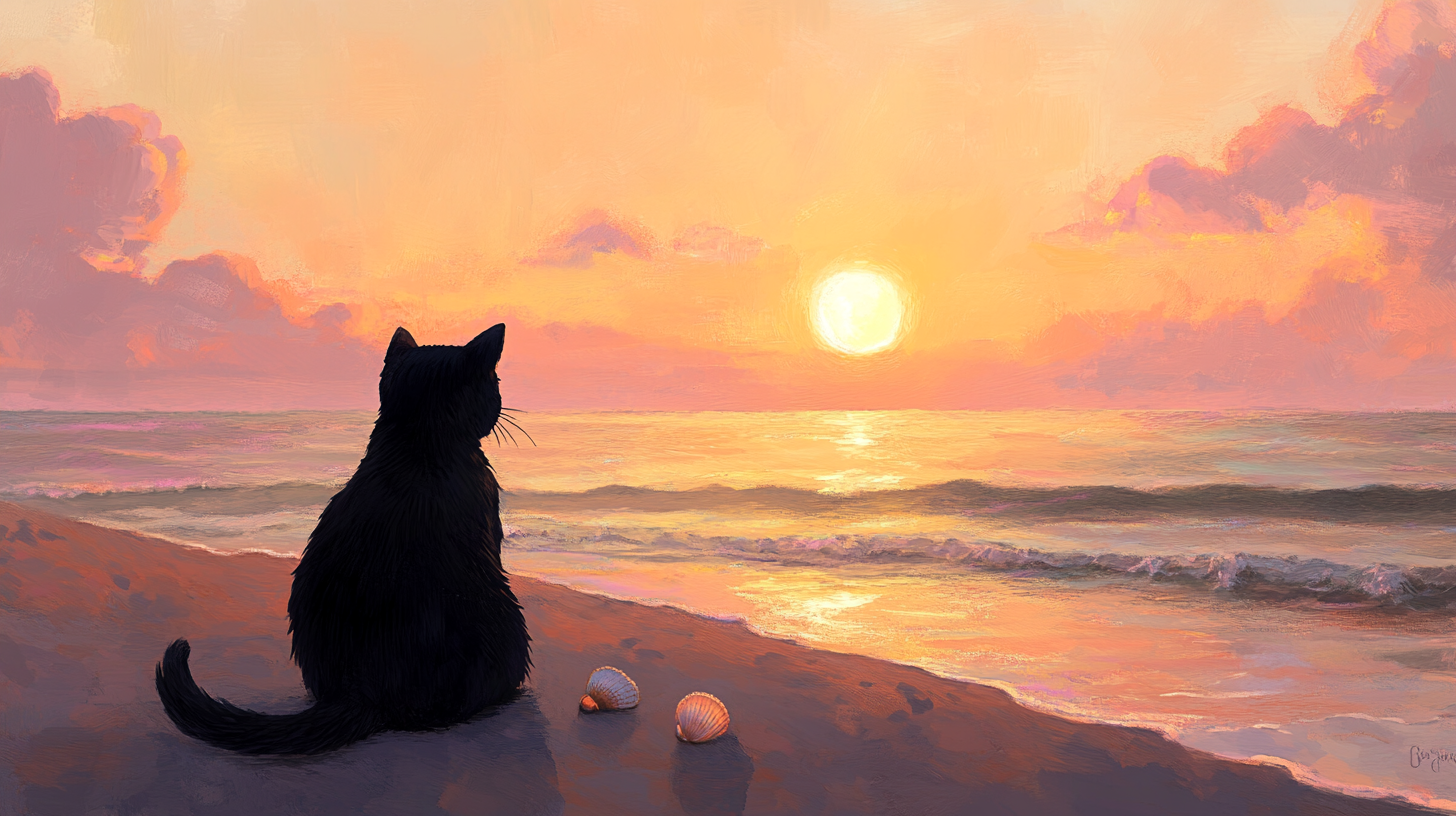 Black cat on beach at sunset, peaceful atmosphere.