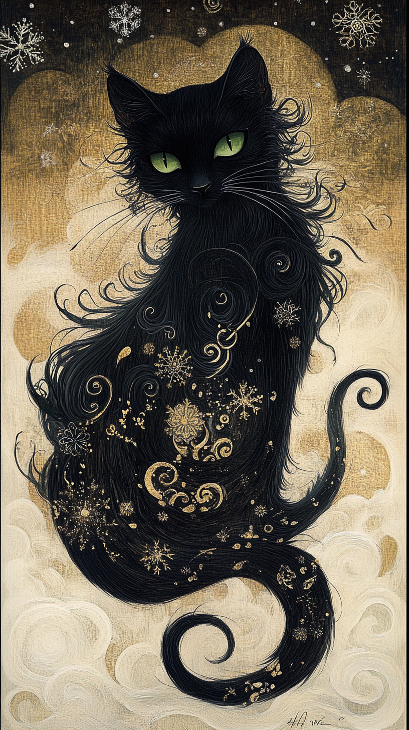 Black cat with green eyes and long black hair.