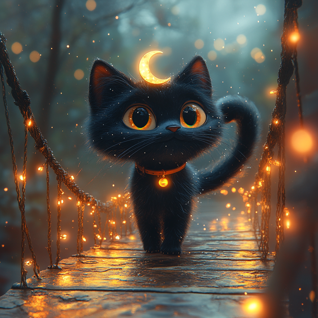 Black cat with moon on forehead walking on star bridge