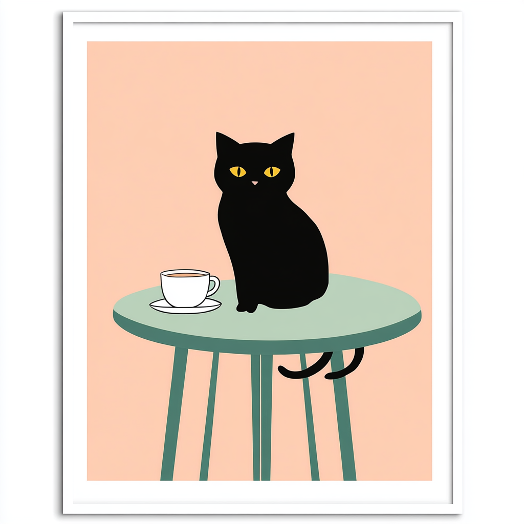 Black cat with yellow eyes in a cafe.