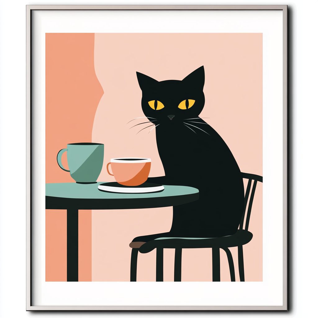 Black cat with yellow eyes in cafe setting.