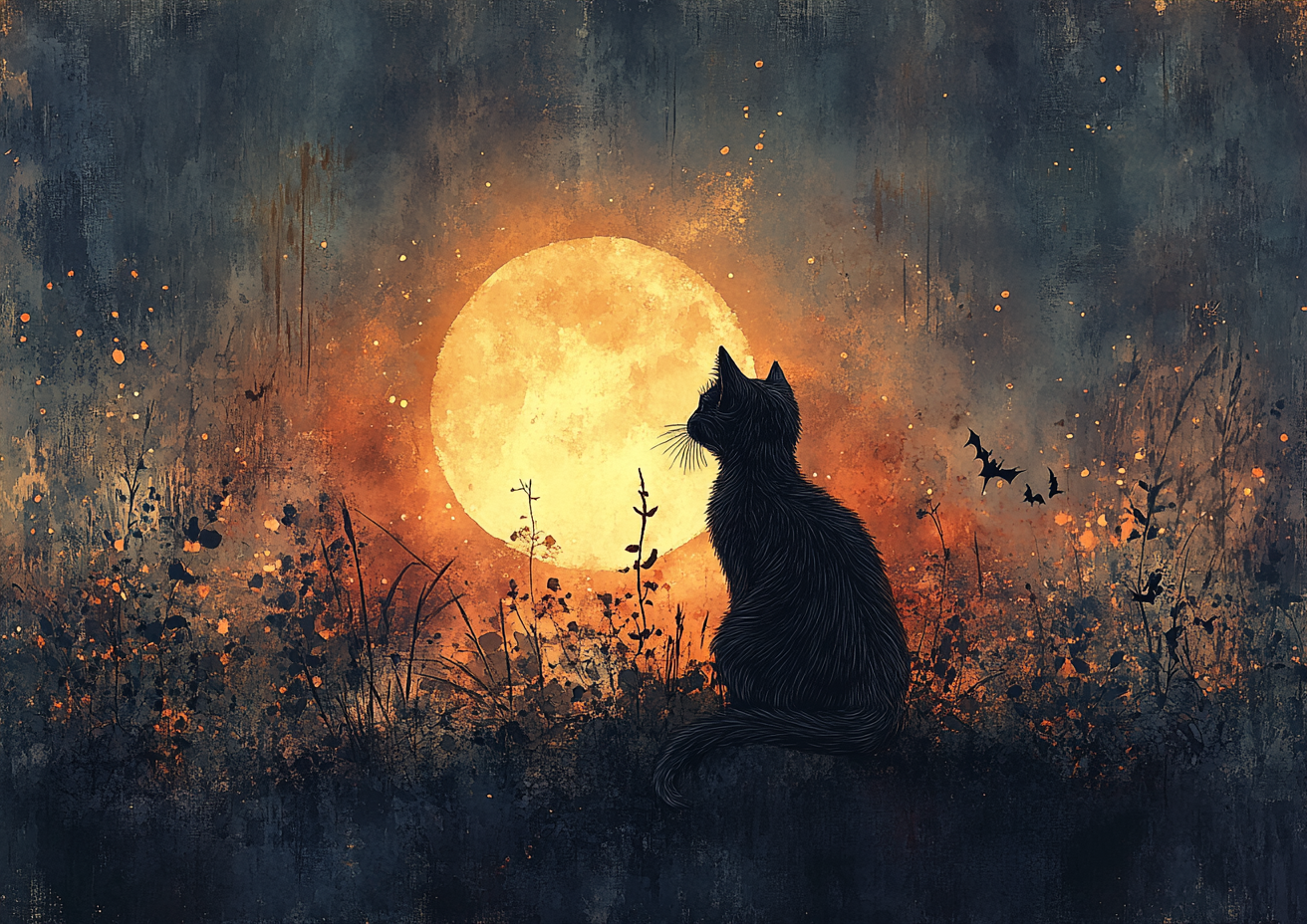 Black cats under a glowing Halloween moon painting.