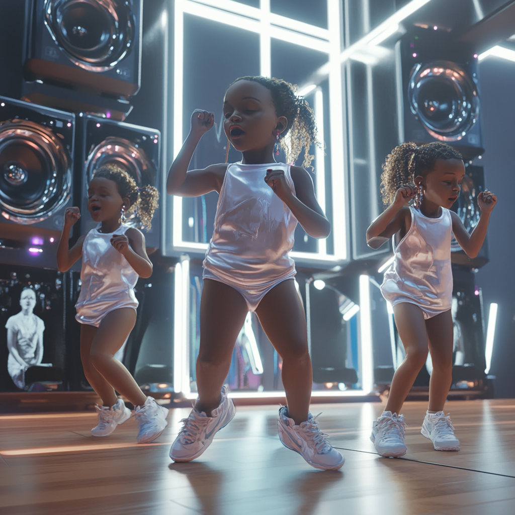 Black children rehearsing dance moves and lyrics on microphone away from dance floor.