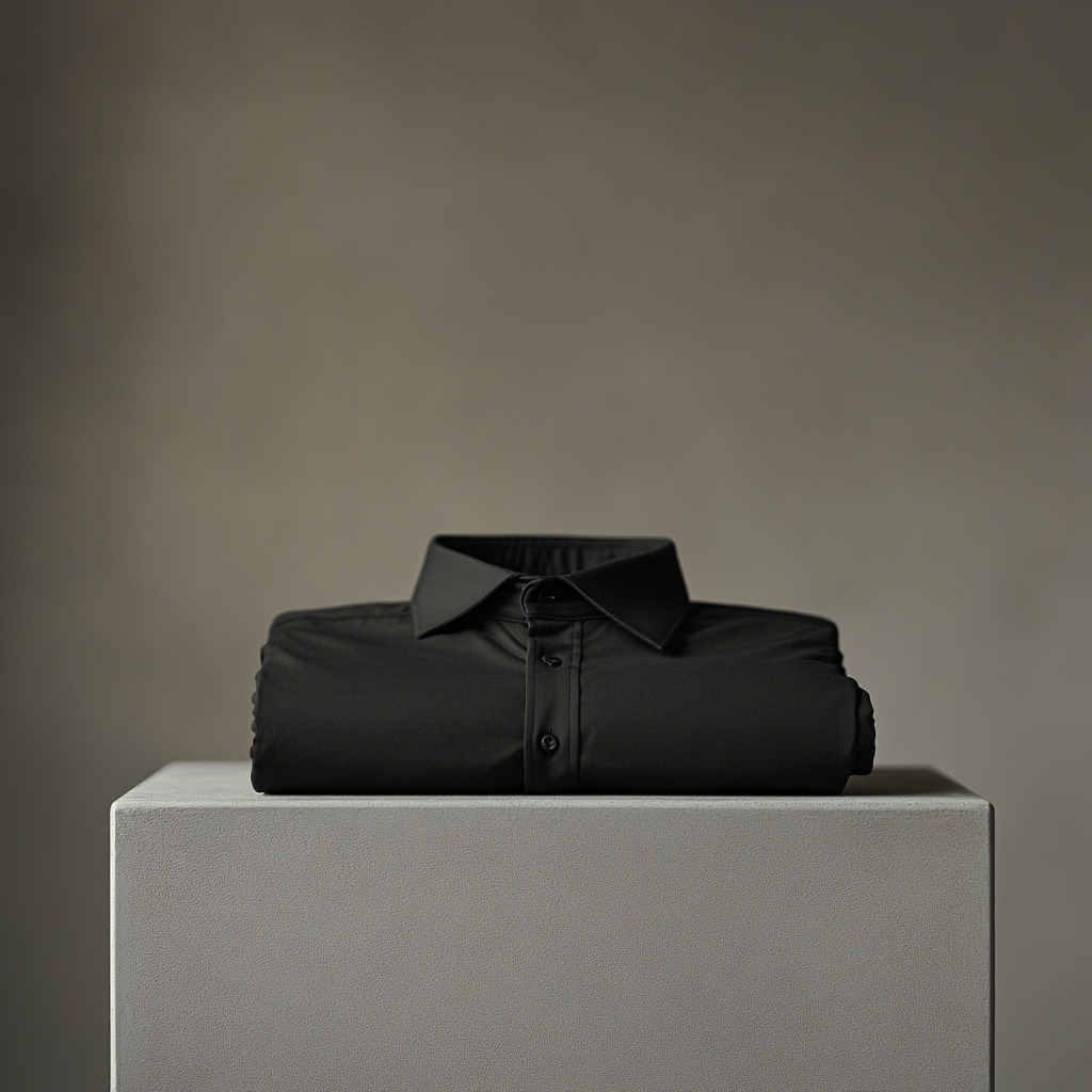 Black chino trousers folded on table, emphasizing sleek design.