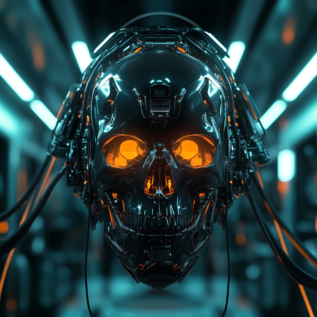 Black cyborg skull in futuristic device with cables lit cyan-orange.