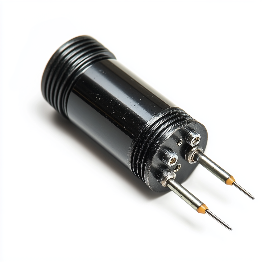 Black cylindrical transistor with three metal leads on white background.