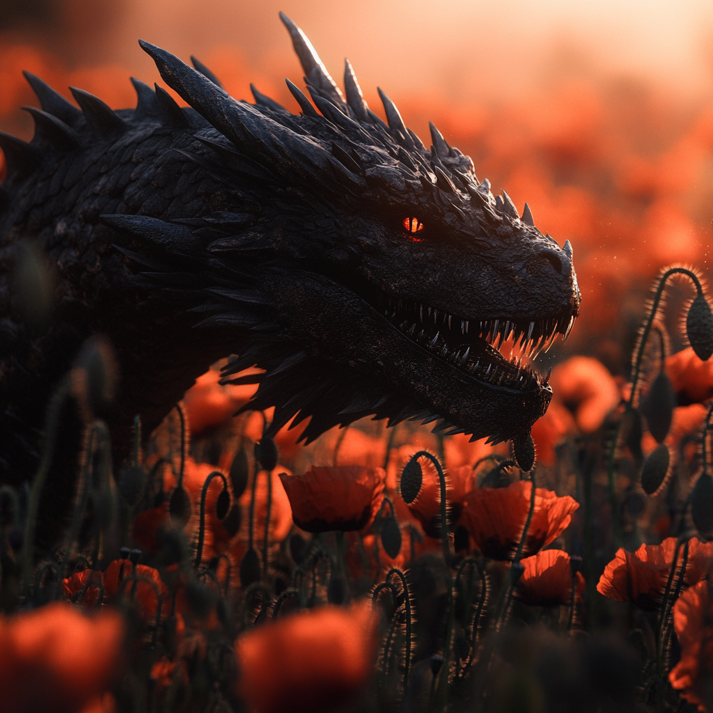 Black dragon head looming behind red poppy flower.