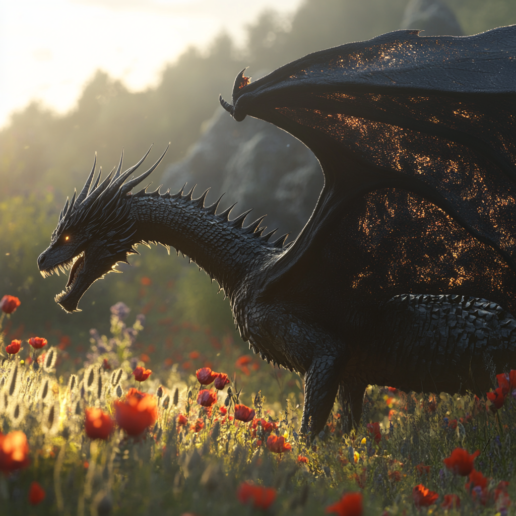 Black dragon with shiny wings in sunny poppy field.