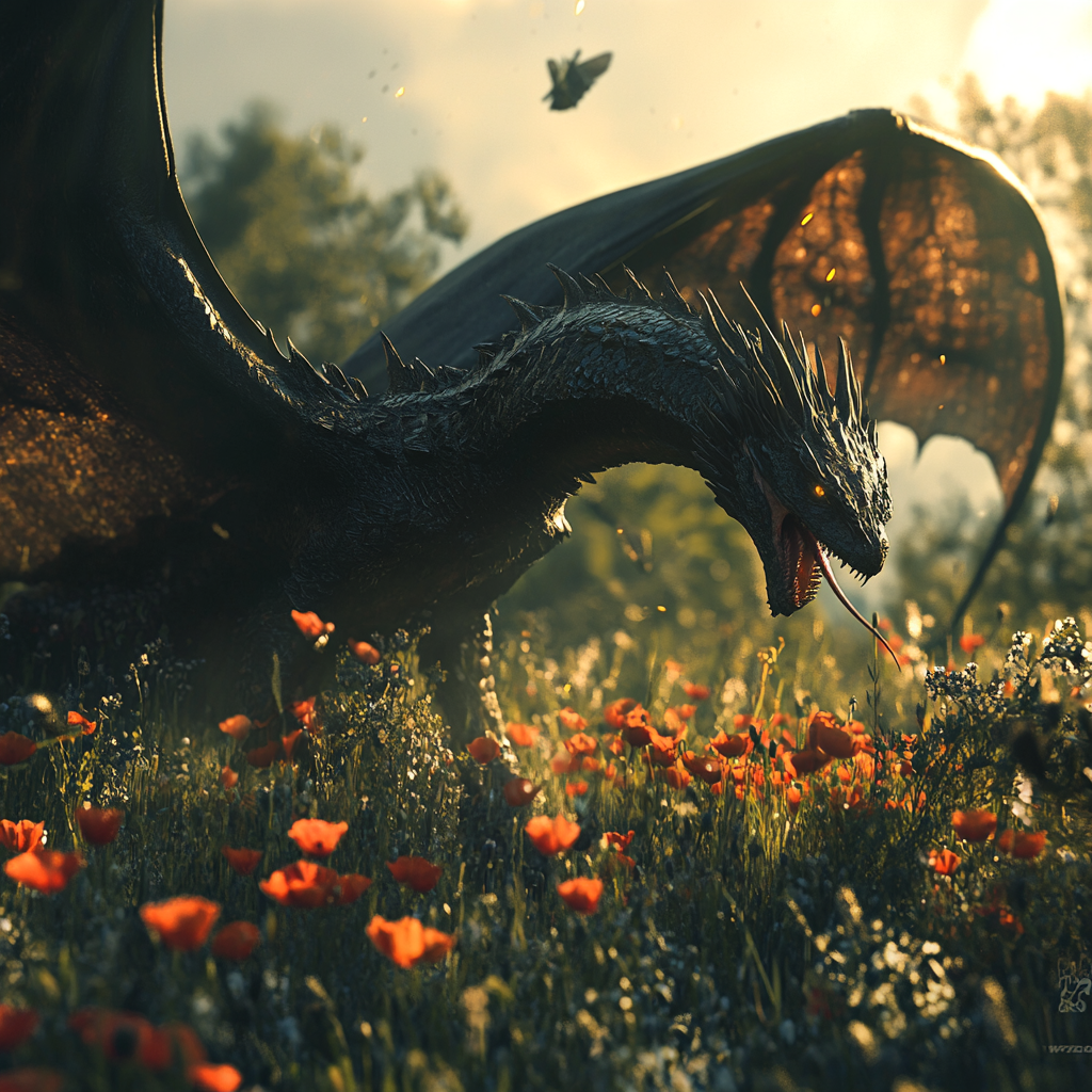 Black dragon with wide wings in poppy field.