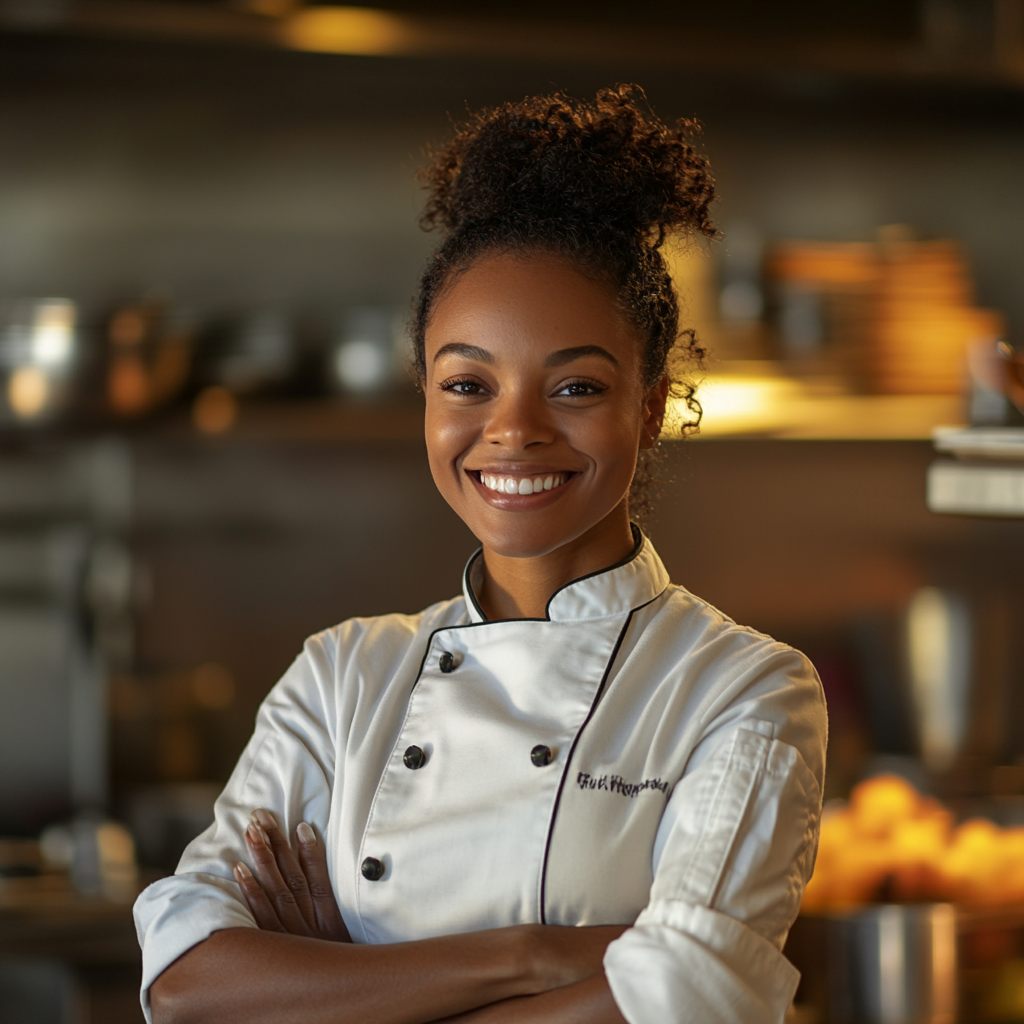 Black female chef happily cooking in vibrant kitchen.