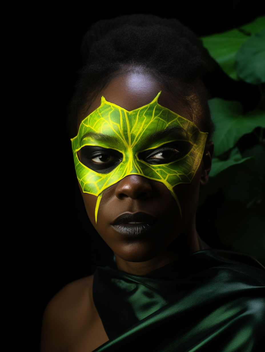 Black female superhero in nature-inspired green mask