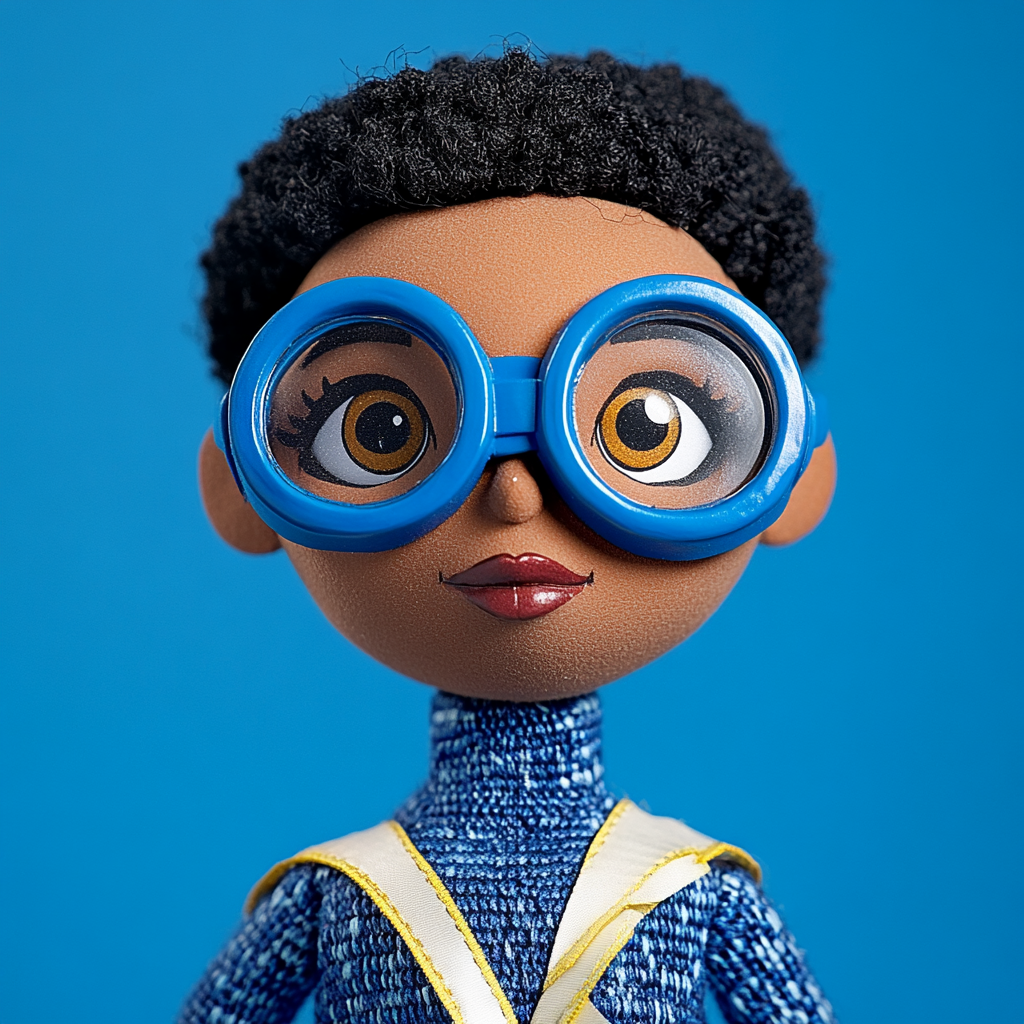 Black female superhero puppet with buzz cut hairstyle.