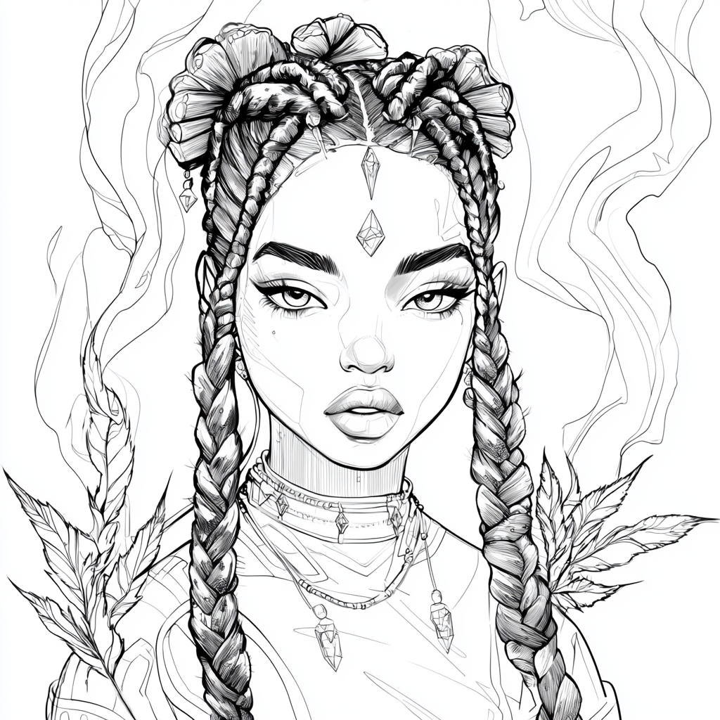 Black girl coloring page with sage and crystals.