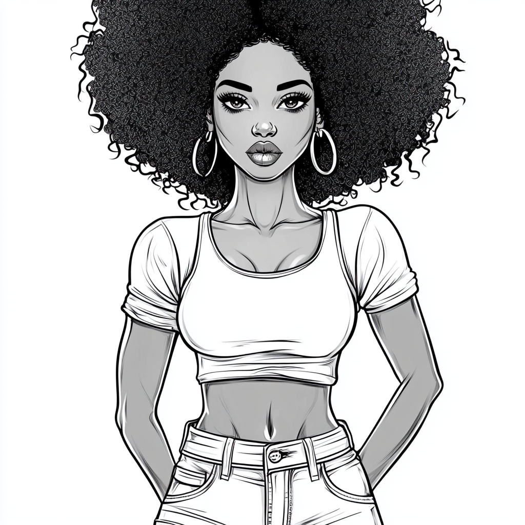 Black girl in jeans and top coloring page.