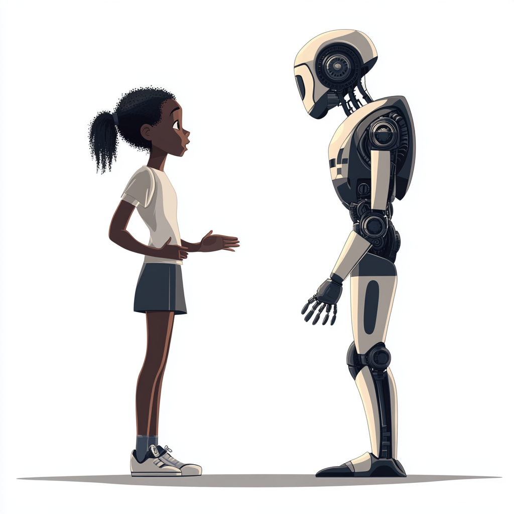 Black girl talks to robot on white background.