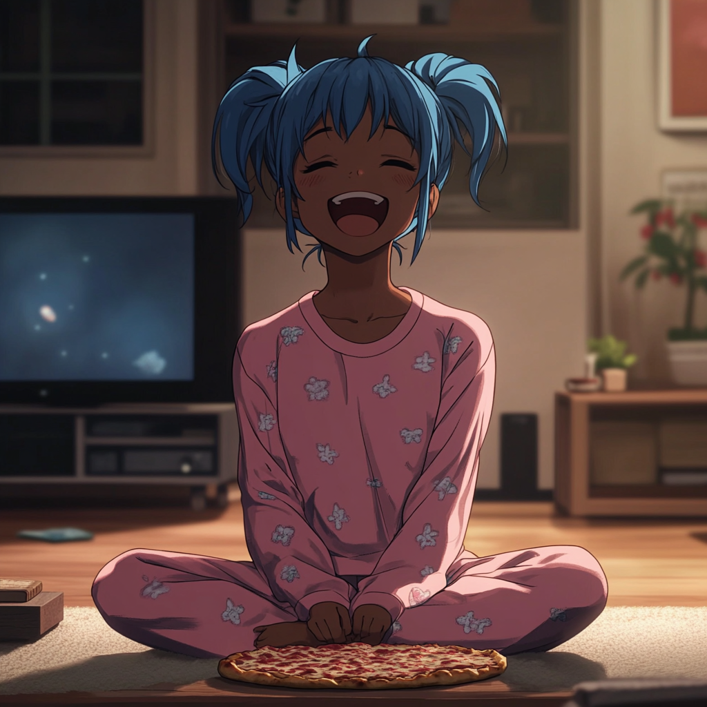 Black girl with blue hair in pink pajamas laughing.