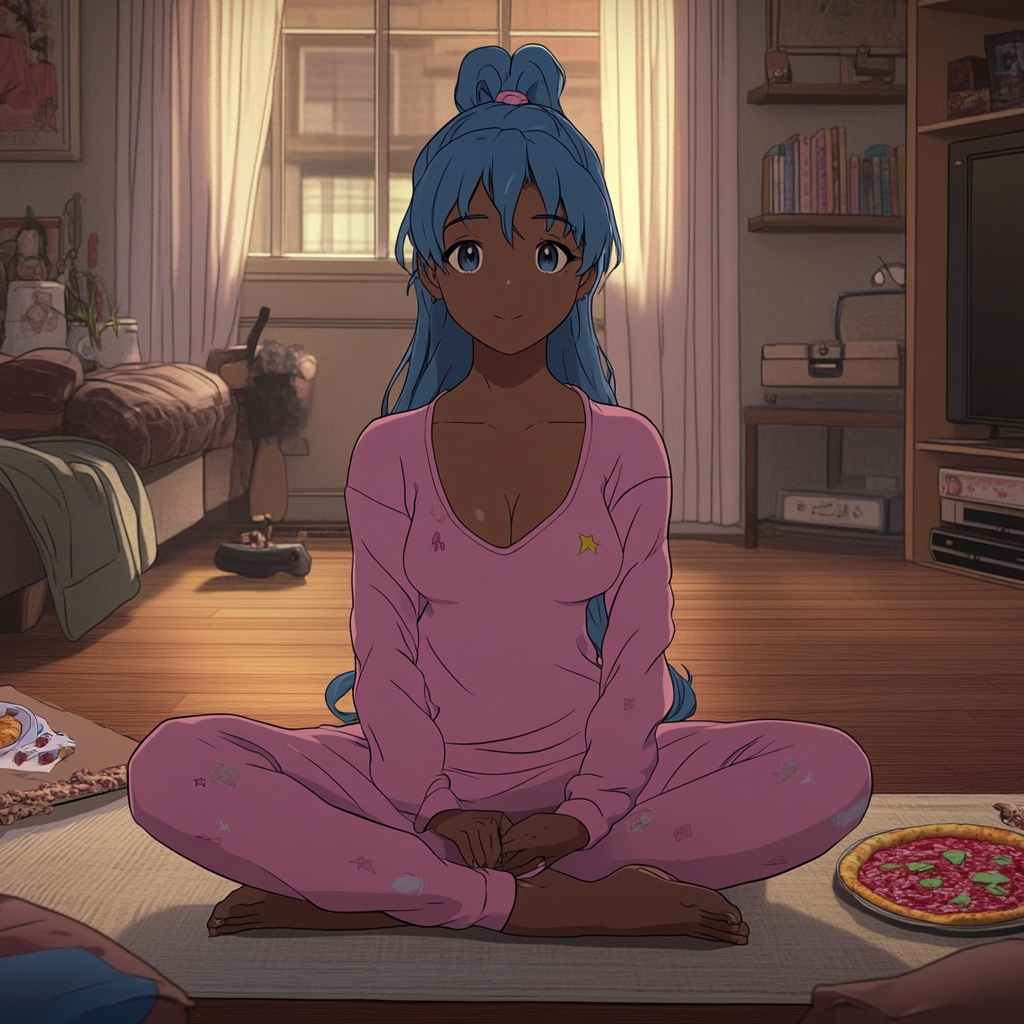 Black girl with blue hair in pink pajamas.