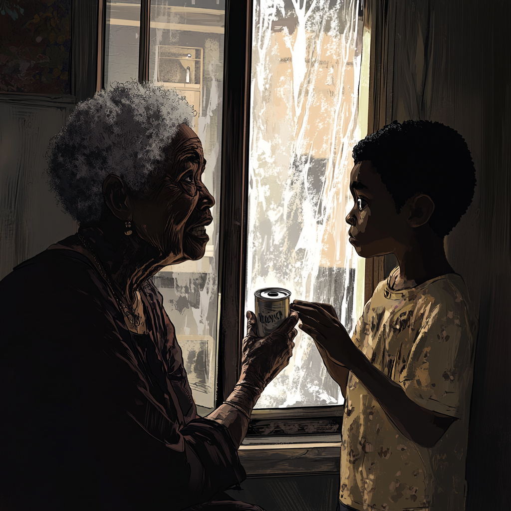 Black grandmother guides angry boy out window, happy boy eating sardines.