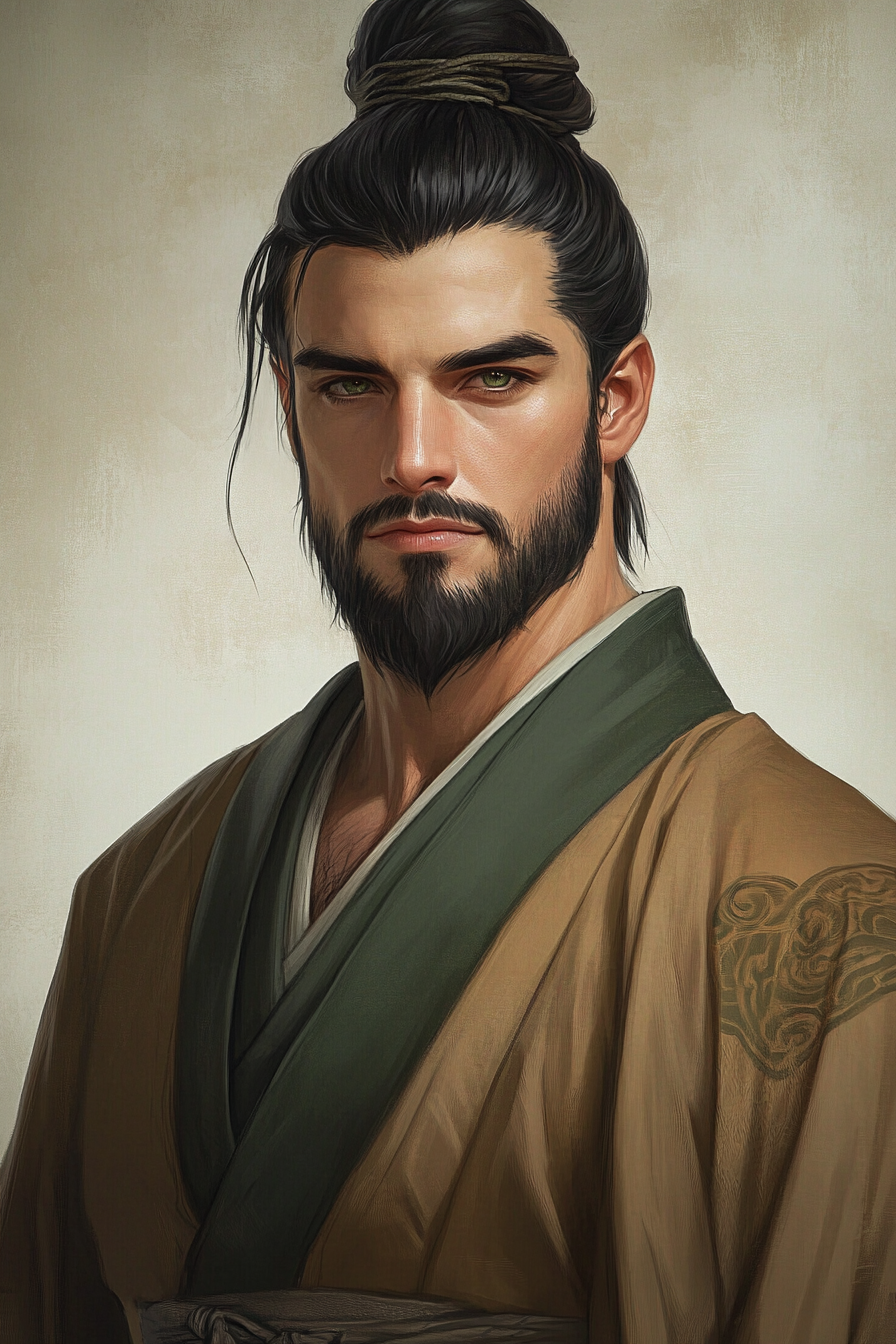 Black haired male in green-trimmed robes, by artgerm.